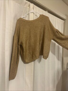 Kika Vargas Metallic Gold Ribbed Crewneck Sweater